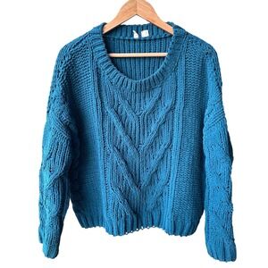 Moth Anthropologie Sweater Top Chunky Knit Teal Oversize Cozy Warm Medium Petite